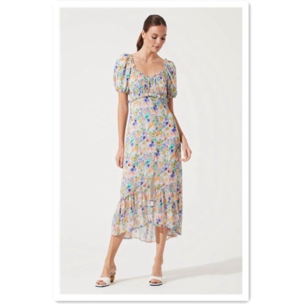 Astr Floral Midi Dress in Cream with Blue & Yellow Accents